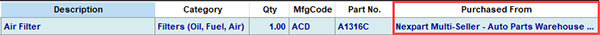 Order Screen Parts Ordered